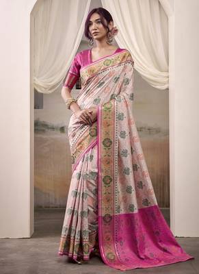 Off-white & pink patola silk blend festival wear saree 1