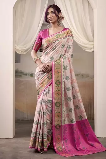 Off-white & pink patola silk blend festival wear saree