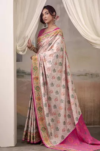 Off-white & pink patola silk blend festival wear saree