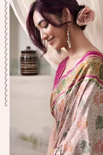 Off-white & pink patola silk blend festival wear saree
