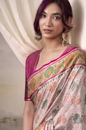 Off-white & pink patola silk blend festival wear saree