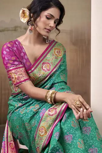 Green & pink patola silk blend festival wear saree