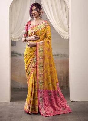 Mustard & pink patola silk blend festival wear saree 1