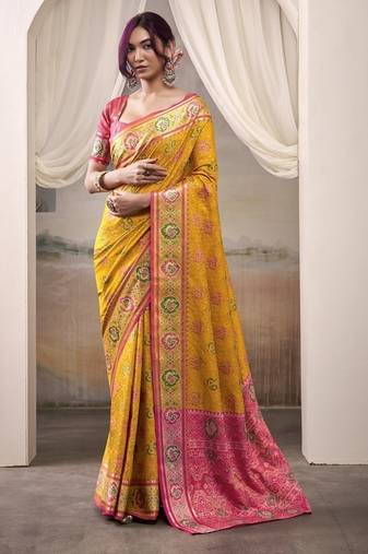 Mustard & pink patola silk blend festival wear saree