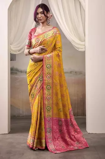 Mustard & pink patola silk blend festival wear saree