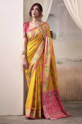 Mustard & pink patola silk blend festival wear saree
