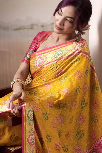 Mustard & pink patola silk blend festival wear saree