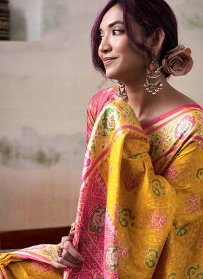 Mustard & pink patola silk blend festival wear saree 4