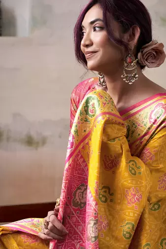 Mustard & pink patola silk blend festival wear saree