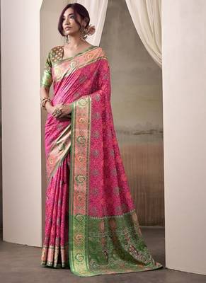 Pink & green patola silk blend festival wear saree 1