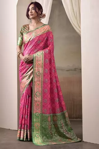 Pink & green patola silk blend festival wear saree