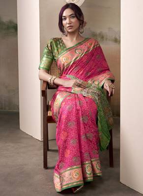 Pink & green patola silk blend festival wear saree 2