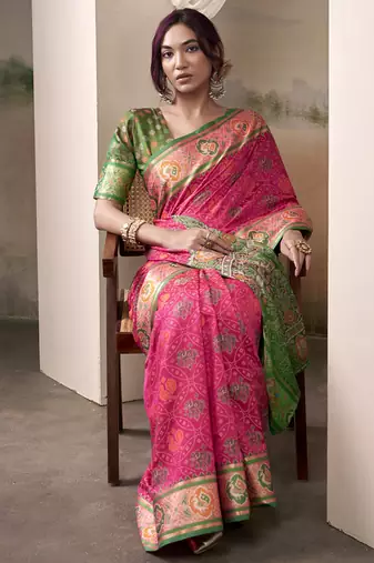 Pink & green patola silk blend festival wear saree