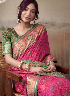 Pink & green patola silk blend festival wear saree 3