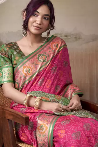 Pink & green patola silk blend festival wear saree