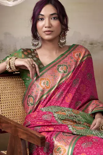 Pink & green patola silk blend festival wear saree