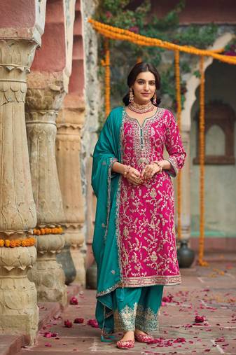 Pink embroidered chinon free size stitched pakistani salwar suit