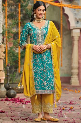 Sky embroidered chinon free size stitched pakistani salwar suit