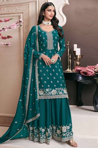 Teal green embroidered chinon semi-stitched palazo salwar suit