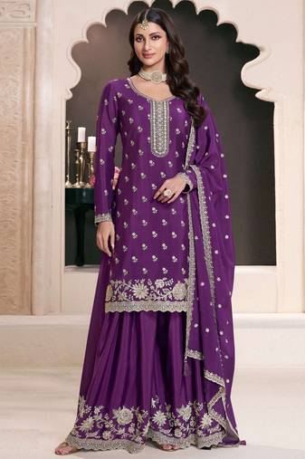 Purple embroidered chinon semi-stitched palazo salwar suit
