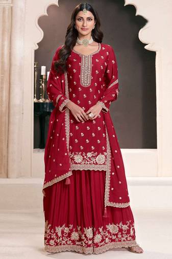 Red embroidered chinon semi-stitched palazo salwar suit