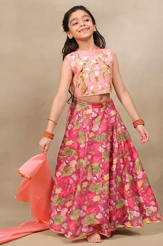 Pink printed chanderi lehenga