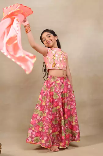 Pink printed chanderi lehenga