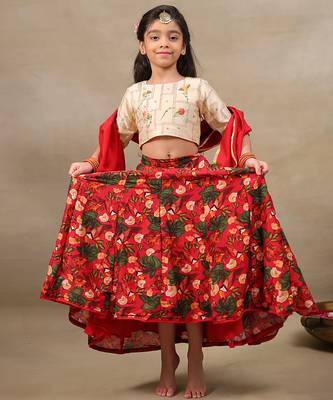 Red printed chanderi lehenga 1