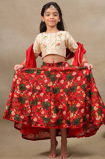 Red printed chanderi lehenga