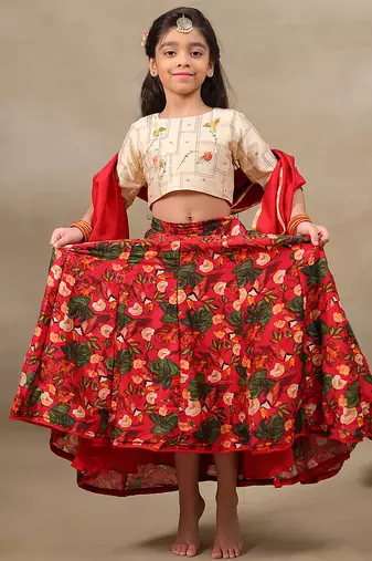 Red printed chanderi lehenga