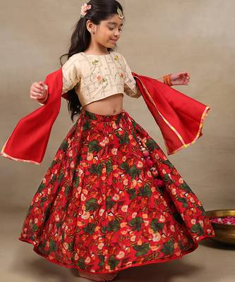 Red printed chanderi lehenga 2