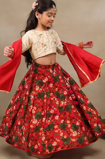 Red printed chanderi lehenga