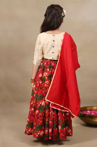 Red printed chanderi lehenga