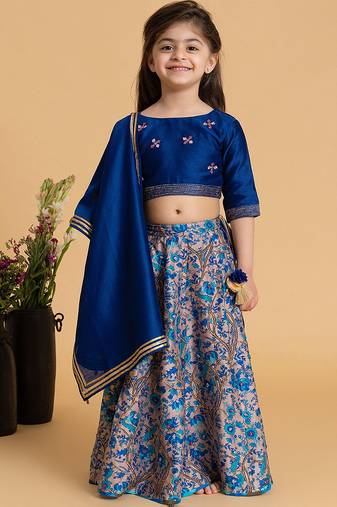 Blue printed chanderi lehenga