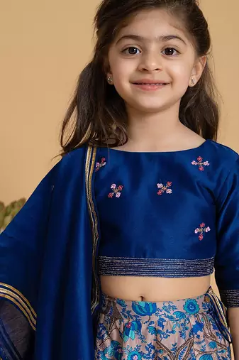 Blue printed chanderi lehenga