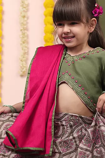 Green printed chanderi lehenga