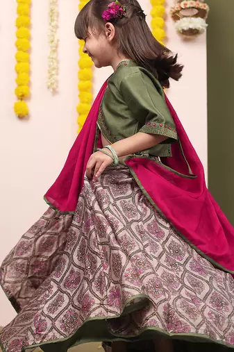 Green printed chanderi lehenga