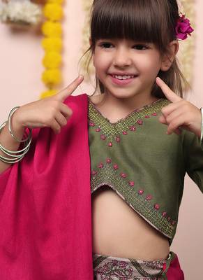 Green printed chanderi lehenga 4
