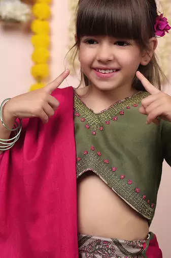 Green printed chanderi lehenga