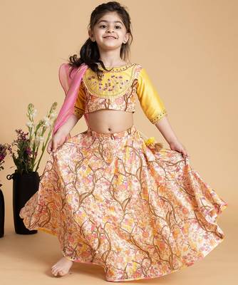 Yellow printed chanderi lehenga 1