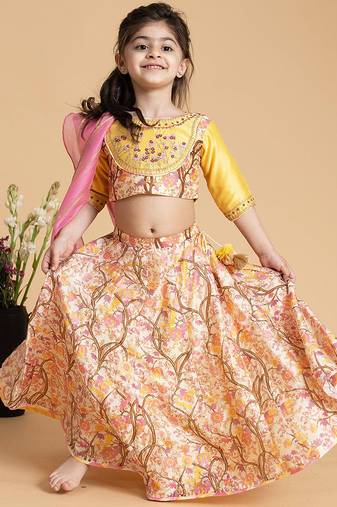 Yellow printed chanderi lehenga
