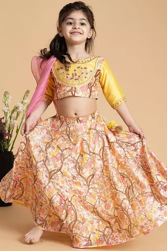 Yellow printed chanderi lehenga