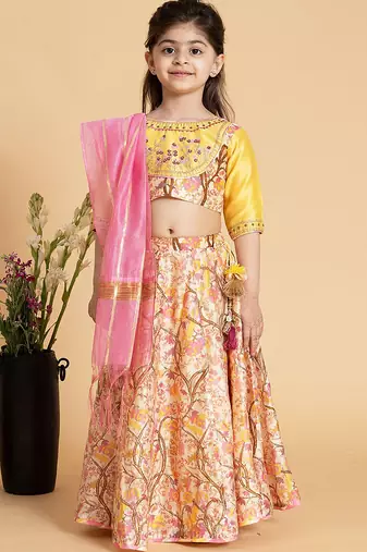 Yellow printed chanderi lehenga