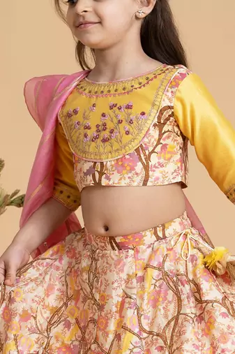 Yellow printed chanderi lehenga