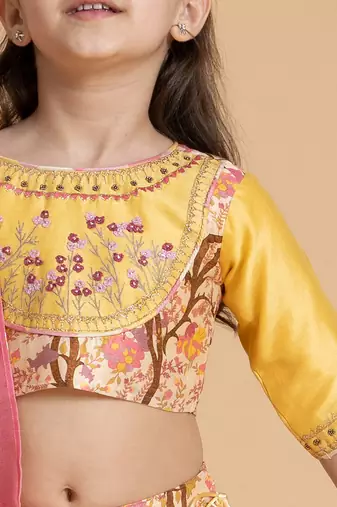 Yellow printed chanderi lehenga