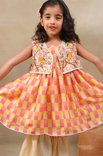 Yellow printed chanderi kurta set
