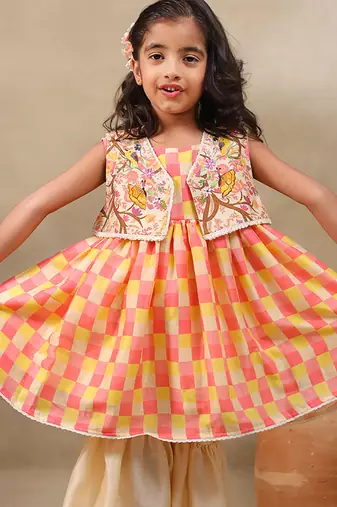 Yellow printed chanderi kurta set