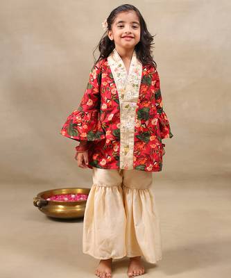 Red printed chanderi kurta set 1