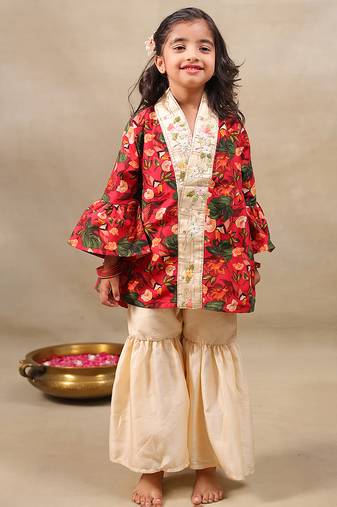 Red printed chanderi kurta set