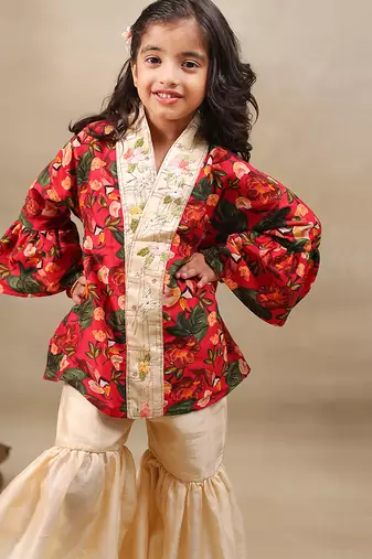 Red printed chanderi kurta set